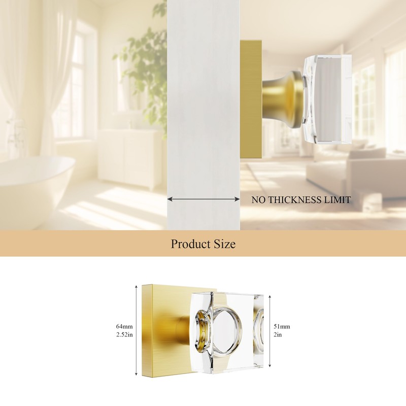 2 Pack Gold Crystal Glass Door Knobs - Satin Brass
