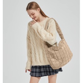 Women's Quilted Shoulder Bag Lightweight Tote Bag Soft Crossbody Bag Large Capacity Handbag Purse (khaki)