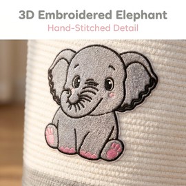 Goodheim Elephant Cotton Rope Laundry Basket for Nursery, Large 15"x17.7" Woven Hamper with Handles & Terry Embroidery, Blanket Baby Clothes & Toy Storage, Gray & White