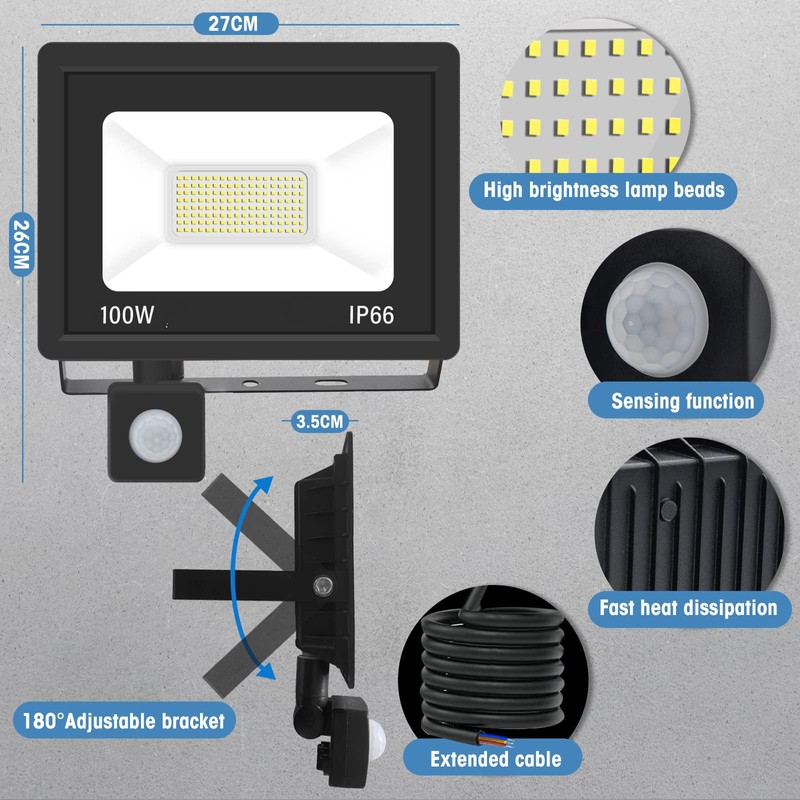 100 W LED Spotlight Motion Sensor, 10000 LM LED Outdoor