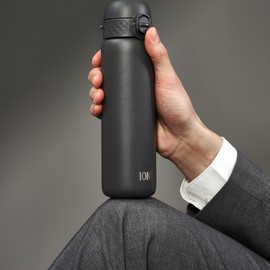 Ion8 Vacuum Insulated Steel Water Bottle, 500 ml/18 oz, Leak Proof, Easy to Open, Secure Lock, Dishwasher Safe, Fits Cup Holders, Carry Handle, Scratch Resistant, Metal Water Bottle, Grey