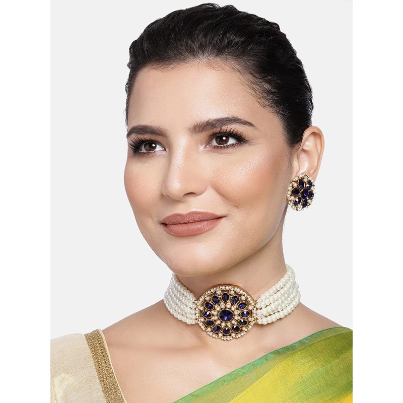 Aheli Kundan Pearl Choker Multi Layered Collar de cuentas Pendientes