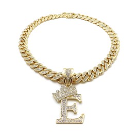 BLINGFACTORY Hip Hop Alphabet Initial E CZ Pendant & 13mm 18" Full Iced Box Lock Cuban Chain Gold Plated Necklace Fashion Unisex Men Women