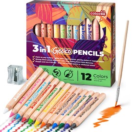 colozoo 3 In 1 Chubby Color Pencils for Kids - Fat Colored Pencils 12 Colors Set inc. Brush and Sharpener - Non-Toxic and Vegan for Ages 3 And Up