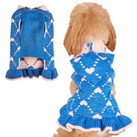 Jecikelon Small Dog Sweater Hoodies Dress Winter Knit Cute Clothing Heart Puppy Clothes for Dogs Cats Soft Warm Pet Outfits with Leash Hole (XX-Small, Blue)