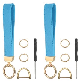MECCANIXITY Leather Wristlet Keychain Car Key Chain Wristlet for Women, 7 Inch Key Fob Holder with D Ring and 2 Key Ring for Keys Wallets Purse, Gold Tone/Sky Blue Pack of 2