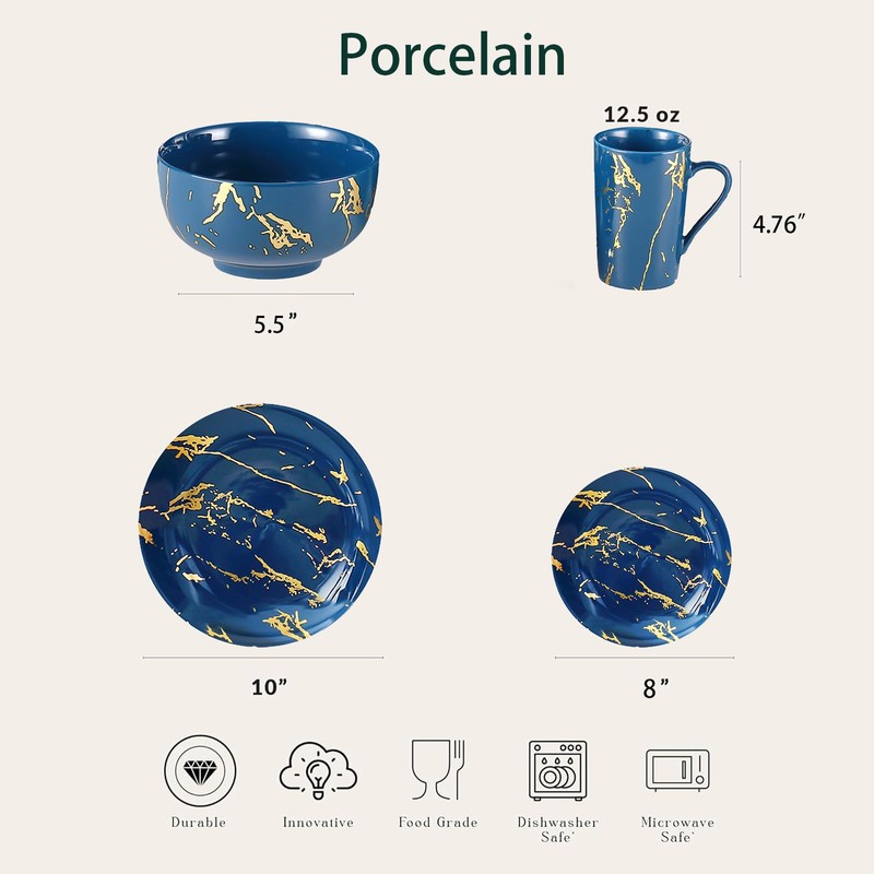 Loymokinar Modern Porcelain 16 Piece White and Gold Dinnerware Set,