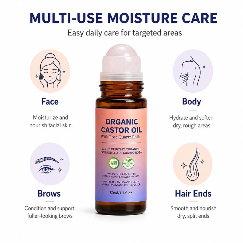 LFuTPm Organic Castor Oil Roll On with Rose Quartz, Hexane