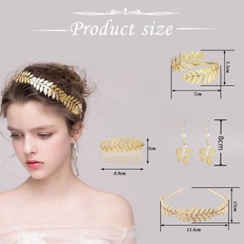 JOZMMZEOOA 4 Pcs Greek Goddess Costume Accessories Set Golden Laurel Leaf Crown Upper Arm Coil Bracelet Pearl Leaf Dangle for Bridal Wedding Toga Party Gold Costume Jewellery