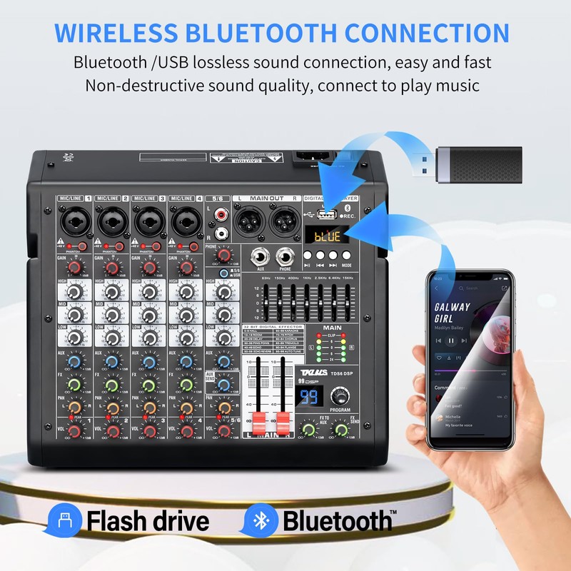 TKLBLS Audio Mixer, 6-Channel Professional DJ Mixer with 99-Bit DSP