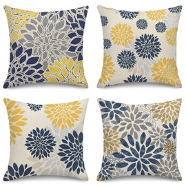 Sanwarm Throw Pillow Covers Home Decor Set of 4 Pillow Cases Decorative 18 x 18 Inches Outdoor Cushion Couch Sofa Pillowcases Spring Floral Blue Yellow Navy