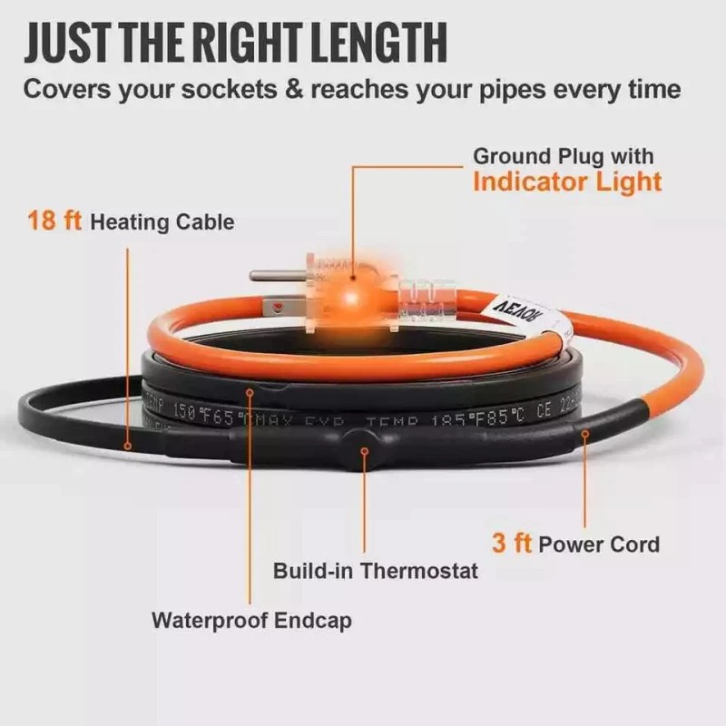 VEVOR 18 ft. Pipe Heat Cable 5W/ft. Self-Regulating Heat Tape