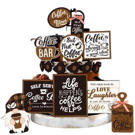 Thyle 16 Pcs Coffee Tiered Tray Decor Set Coffee Bar Wooden Signs Rustic Coffee Decorations Farmhouse Coffee Table Ornament for Coffee Station Bar Tray Shelf