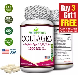 Péptidos de colágeno 60 cápsula 1000 mg hidrolizado antienvejecimiento (tipos I, II, III, V,X)
