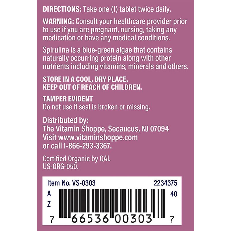 The Vitamin Shoppe Organic Spirulina Blue-Green Microalgae Superfood 500 (200