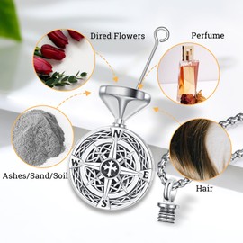 LOOVE Compass Necklace Sterling Silver Urn Necklace for Human Ashes Compass Ashes Necklace for Women Compass Urn Necklace Men Celtic Cremation Jewelry for Ashes