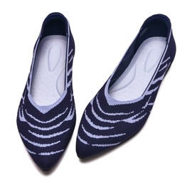 Buyrew - Zapatos planos de ballet con punta puntiaguda para mujer, zapatos de vestir de punto de cuña baja, soporte de arco para caminar, oficina, negocios, 3011 Navy, 24.5 cm