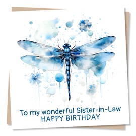 Beautiful Birthday Card for Sister-In-Law - To My Wonderful Sister-In-Law Happy Birthday - Watercolour Blue Dragonfly Design - Made in UK