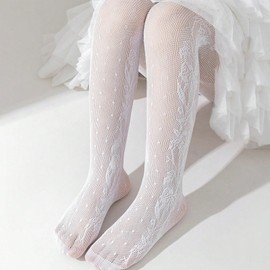 LOLANTA Girls Lace Tights Kids Sheer Patterned Fishnet Stockings 2 Pack White Hollow Dance Pantyhose 8-12Years