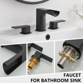 BATHLAVISH Black Bathroom Faucet Sink 3 Hole Waterfall Matte Black Widespread Faucets 8 Inch 2-Handle Vanity Lavatory with Pop Up Drain with Overflow 3 Piece Set Mixer Tap Commercial