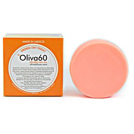Acondicionador en barra de oliva. Oliva60. Extra hidratante. Desenreda y repara. Con aceite de argán orgánico, macadamia, manteca de karité. Provitamina B5. Libre de sulfatos, parabenos, siliconas. 55gr. (Mandarina papaya)