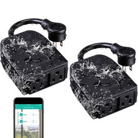 LITEdge Wifi Outdoor Smart Plug 250V, 2 Independently Control Sockets Power Outlet, Compatible with Google Home & Alexa, APP Cordless Remote Timer, Waterproof, Pack of 2