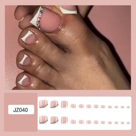 White French Tip Press on Toenails Short Square Fake Toe Nails with Rhinestone Design Acrylic Toe Nails White Toenail Tips Glossy Glue on Toenails for Women and Girls Manicure Decorations 24 Pcs