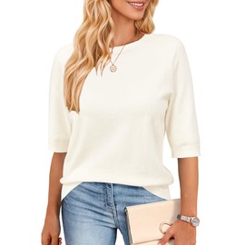 Arach&Cloz Women's 2025 Wool Blend Summer Fall Seamless Tops Crewneck Lightweight Elbow 3/4 Half Short Sleeve Sweater Plus Size Pullover Loose Business Casual Outfits Trendy Shirts Work Office Beige M