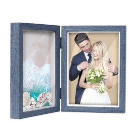 Shampsen Double Picture Frames 5x7 Blue Hinged Picture Frame Foldable Box Frame 5x7 Display Case Farmhouse Decor Gift for Birthday, Anniversary, Mother's Day