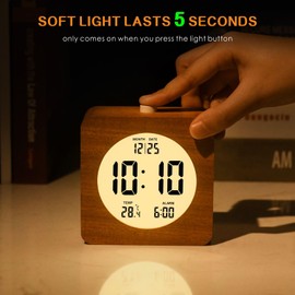 Plumeet Wooden Digital Alarm Clock for Bedrooms, Wood 4'' Battery Powered Alarm Clock with Snooze and Nightlight, Electronic LCD Desk Clock Display Time, Date, Temp, 12/24H, Wood Décor, Square, Sapele