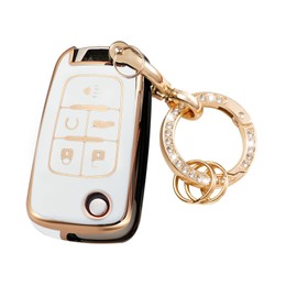 LEERLY Key Fob Cover with Anti-Lost Keychain Compatible with Chevy Equinox Camaro Cruze Malibu Impala Sonic GMC Terrain Buick Allure Encore Lacrosse Regal Verano White
