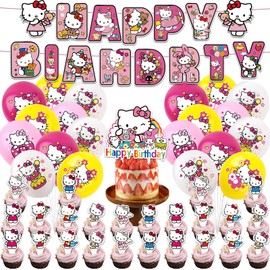 46 Pcs Kt Birthday Decorations, Cartoon Theme Party Supplies for Kids Boys Girls, Include Happy Birthday Banner, 25Cake Topper, 20Balloons