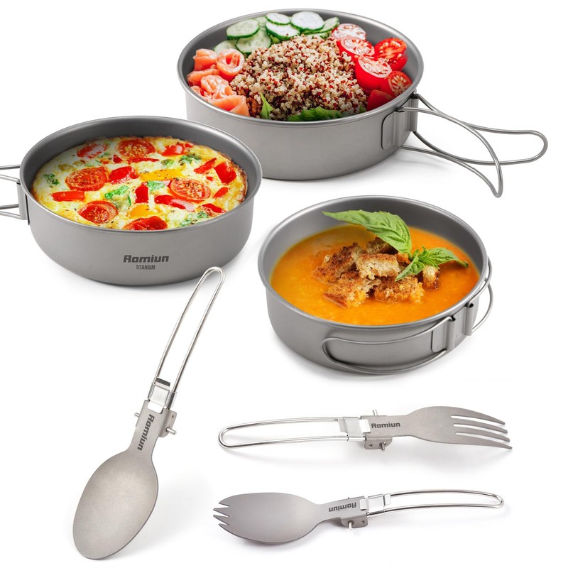 Aomiun Camping Utensil Set 3 Bowls Spoon Fork Combo Titanium