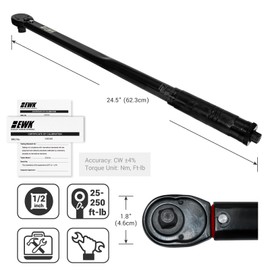 EWK 1/2-inch Drive Heavy-Duty Click Torque Wrench 25-250 ft-lbs (33.9-338.9 Nm) for Cars, Trucks, Large Bolts, High Torque Application