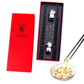 Yqhugbc 2 Pairs Chopsticks, Chopsticks for Eating, Non-Slip Chopsticks, Sushi Sticks, Dishwasher Safe Chopsticks with 2 Chinese Panda Ceramic Chopsticks Holder, Reusable
