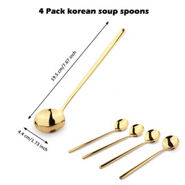 Korean Soup Spoons with Long Handles: 18/10 Stainless Steel 7'' Large Round Soup Spoons,4 Pack Asian Metal Dinner Spoon Set with Round Edge for Coffee,Desserts,Dishwasher Safe (Gold)