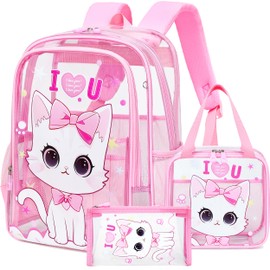 AO ALI VICTORY Clear Backpack for Boys Girls,15.6 Inch Kids Clear Backpack Set with Lunch Bag Pencil Case PVC Elementary Bookbag for School Students See Through Transparent Travel Back Pack,Pink Cat