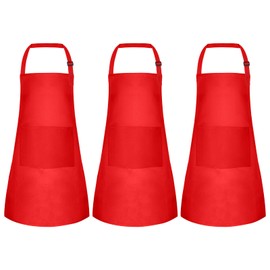 MEEZY 3 Pack Kids Apron with Pockets Adjustable Painting Apron Children Art Apron Toddler Chef Aprons for Kids Painting Cooking Crafts Baking (Red)