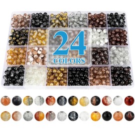 XSEINO About 1200PCS 6mm Crack Glass Beads,24 Assorted Crack Earthtone Blackwhite Series Colorful Crystal Beads for Bracelet and Jewelry Making and DIY Crafts,Friendship Bracelets