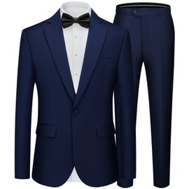 WEEN CHARM Men's Suit Regular Fit 2 Piece Wedding Tuxedo One Button Groom Prom Party Solid Blazer Pants Suit Set Navy Blue