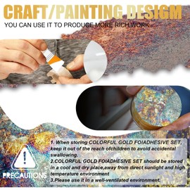 Gilding Adhesive Set, Variegated Gold Leaf Kit for Crafts, Colorful Gilding Leaf Sheets, 10 Pcs Gold Foil and Copper Foil, 50ml Water-Based Gilding Glue and 50ml Varnish, Brushs, Tweezers, Gloves
