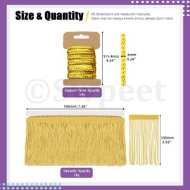 Swpeet 5 Yard × 4 Inch Gold Fringe with Sequin Trim, Fabric Fringe, Chainette Trim, Tassel, Sewing Fringe Trim for Clothes Accessories Wedding Latin Dress Lamp Shade DIY Craft Decoration