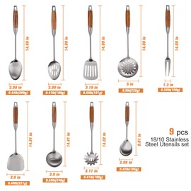 9 PCS 304 Stainless Steel Kitchen Cooking Utensils set with Wooden Handle, Metal Kitchen Utensils Set, Heat Resistant Wooden Handle Kitchen Tools, Stainless Steel Wok Spatula