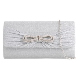 UShopUK Glitter Diamante Bow Shiny Bridal Prom Wedding Evening Clutch Fashion Party Purse Hand Bag (Silver)