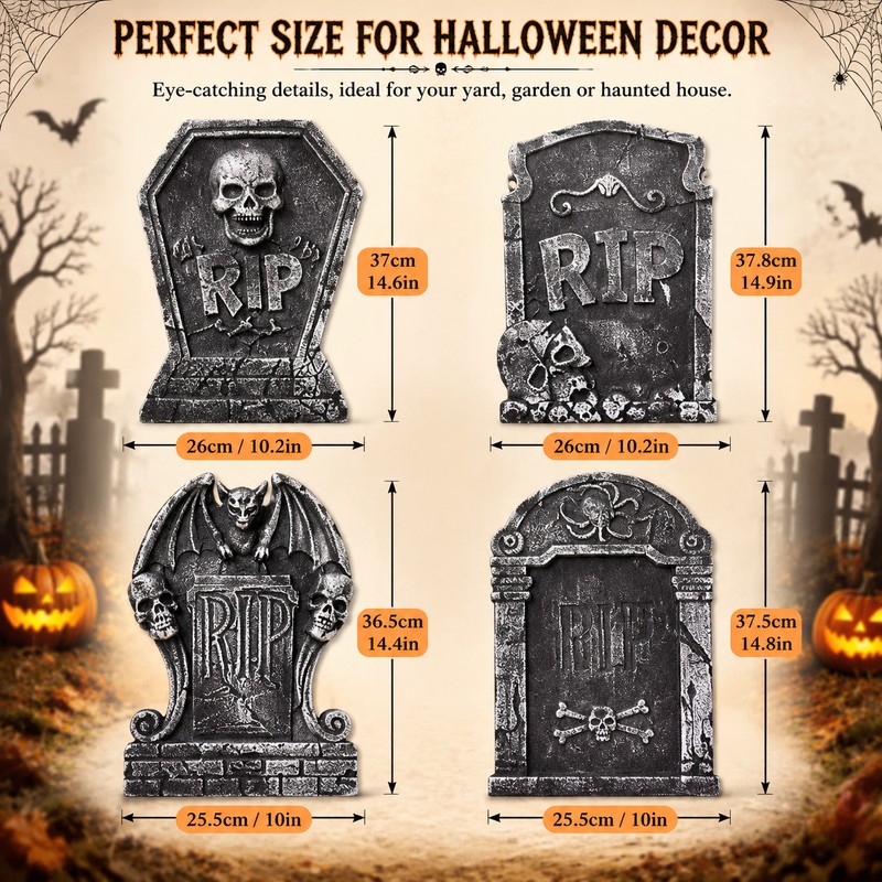 4PCS Halloween Tombstone Decorations – Foam Skeleton Graveyard Props for