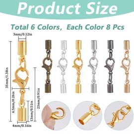 SUNNYCLUE 1 Box 48Pcs 6 Colors Lobster Claw Clasps with Cord Ends Clasp Connectors Bulk Gold Silver Antique Black Metal Brass Cords End for Jewellery Making Bracelets Necklaces DIY Crafts Accessories