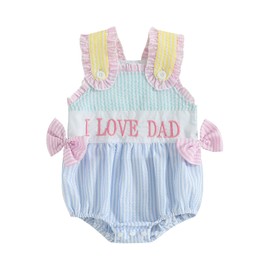 Geagodelia Newborn Baby Girl Father's Day Outfit Striped Sleeveless Bodysuit Romper without Feet Baby Summer Clothing, Striped I lOVE DAD Light Blue, 12 - 18 months