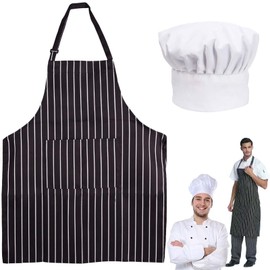 Apron and Chef Hat Set, Adjustable Chefs Apron Chef Outfit Adult, Kitchen Apron with Pockets Black and White Striped, Chefs Hat Chef Aprons for Unisex Suitable for Home Kitchen, Gardening, Cafes House
