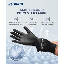 LANON 12 Pairs Grey Safety Work Gloves, PU Coated, Multipurpose Working Gloves for Men, Seamless Knit, Power Grip, EN 388, M/8