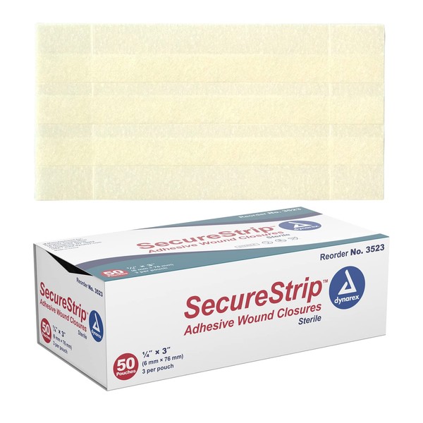 Dynarex Wound Closure Strips - Sterile, Provides Sterile Support to Small Cuts & Skin with Sutures, Stitches, & Staples and Aftercare, White, 1/4” x 3” - 1 Box of 50 Strips